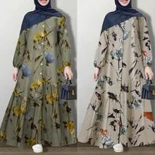 Abayat Cotton and Linen Long Sleeve Abaya Femme Fashion Loose Casual Floral Long Dress